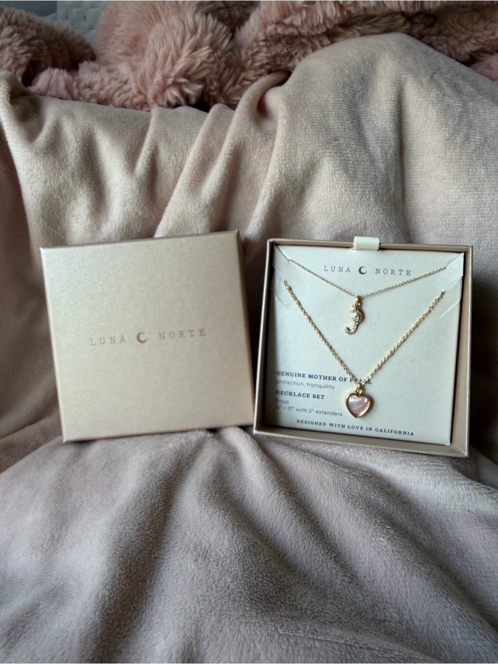 Luna Norte Gold Layered Heart & Seahorse Necklace Set - Pink Pendant